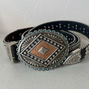 Montana West Silver and Black  Belt, with Turquoise Accents rhinestones,